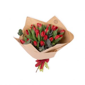 Buchet 25 lalele rosii cu ambalaj